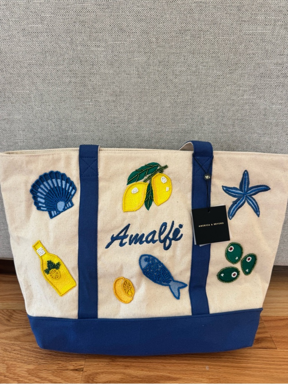 America & Beyond Amalfi Canvas Tote Bag - Blue & Cream